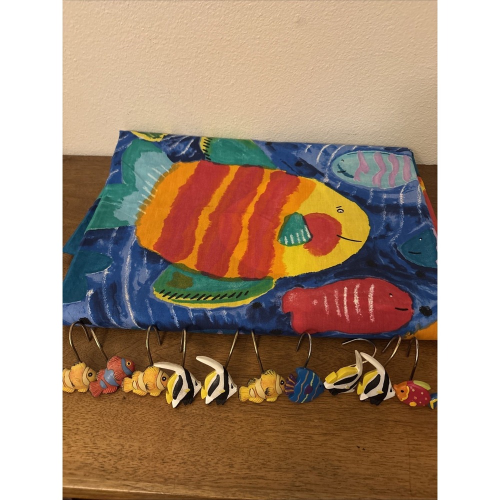 Vintage Retro Multicolor Fish Ocean Tropical Reef Shower Curtain & 10 Fish Rings